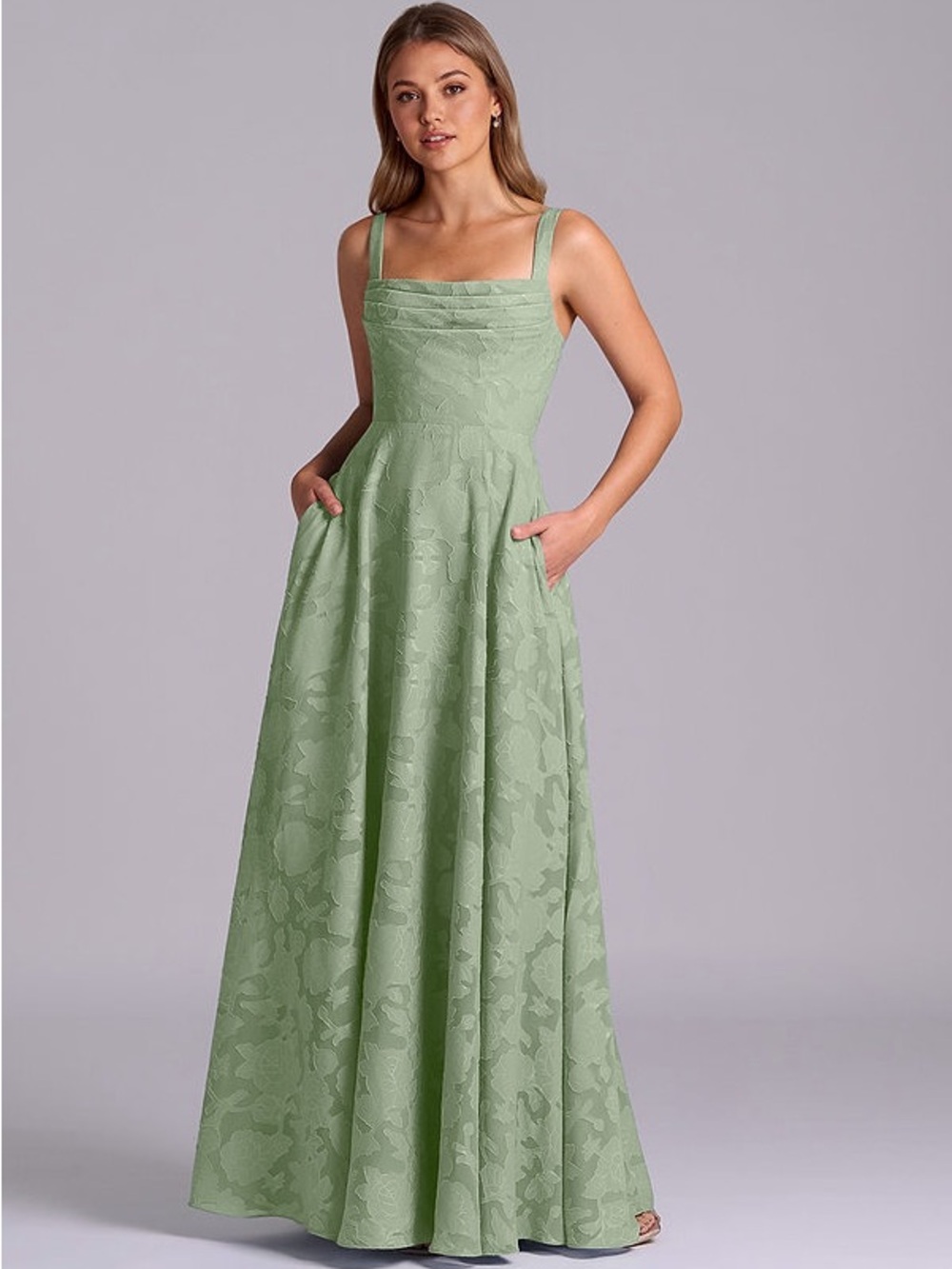 Azazie Sage Green Floral Jacquard Maxi Dress